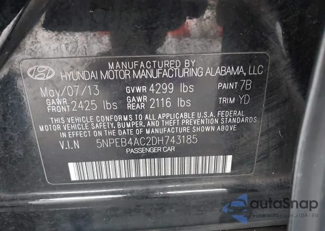 2013 Hyundai Sonata Gls z USA, uszkodzony, nr VIN 5NPEB4AC2DH743185